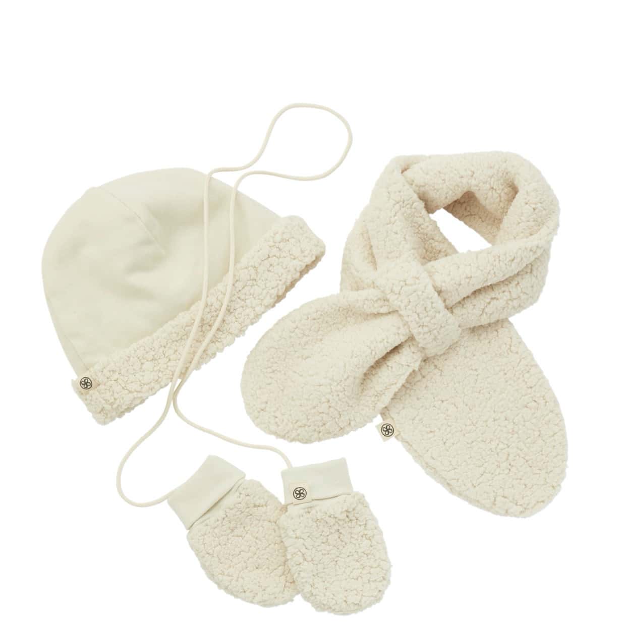 Cloby Teddyfell weiß Set Mütze, Schal und Fäustlinge 6-12 Monate