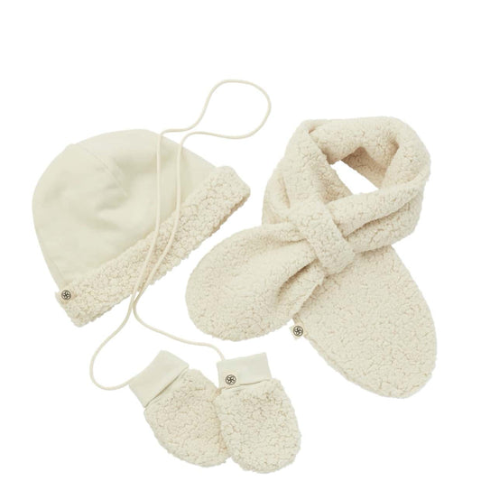 Cloby Teddyfell weiß Set Mütze, Schal und Fäustlinge 6-12 Monate